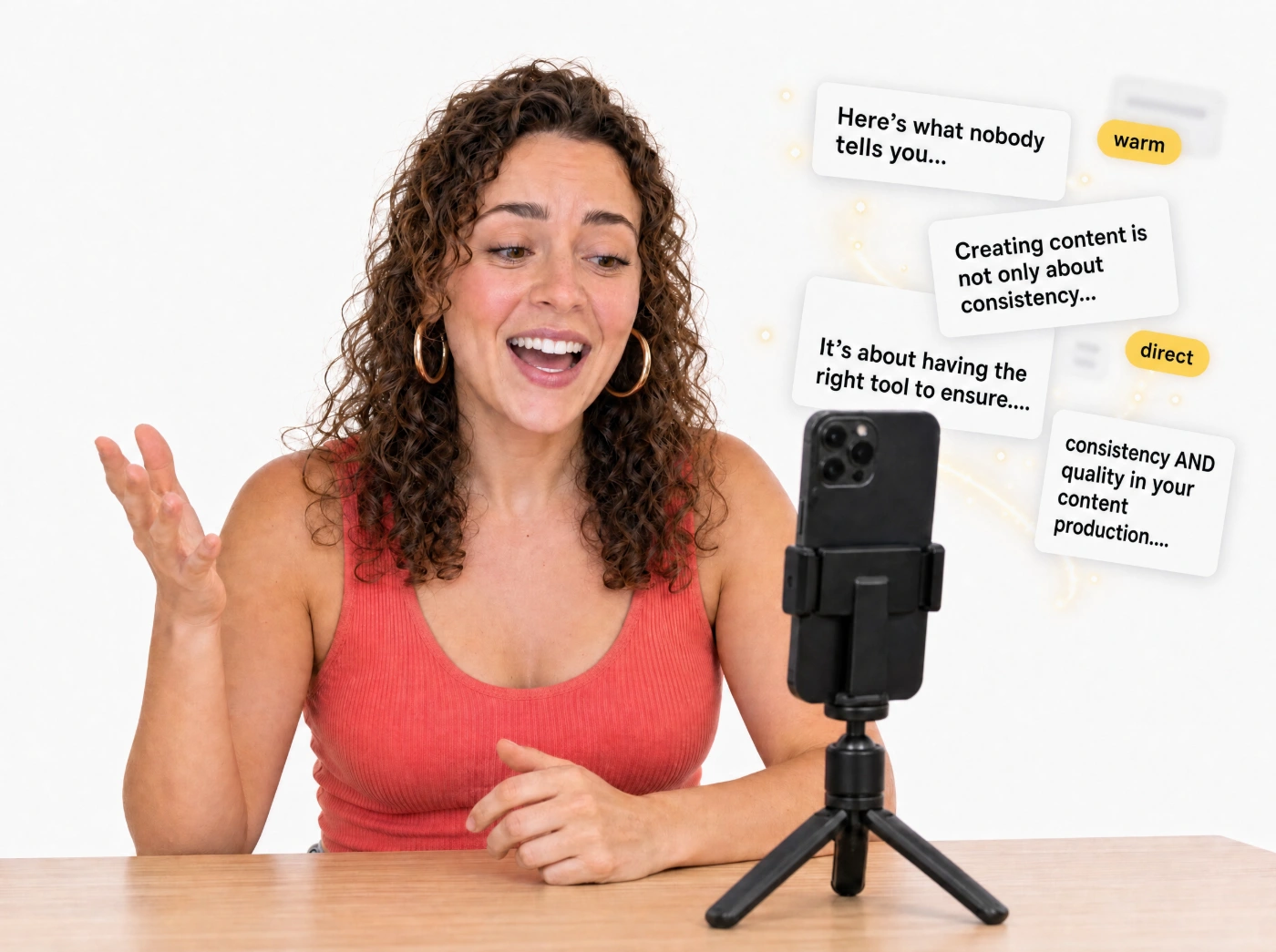 Creator recording to a phone on a tripod while her script lines float beside it