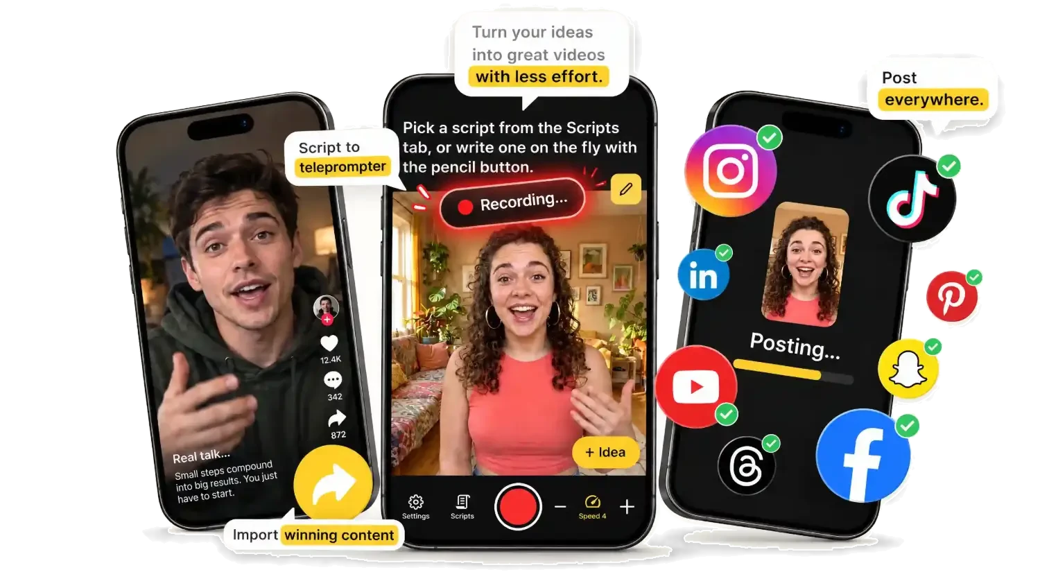 The Lemonsqueeze iPhone app in three steps: import winning content, read your script on the teleprompter while recording, and post to Instagram, TikTok, YouTube, LinkedIn, Facebook and more
